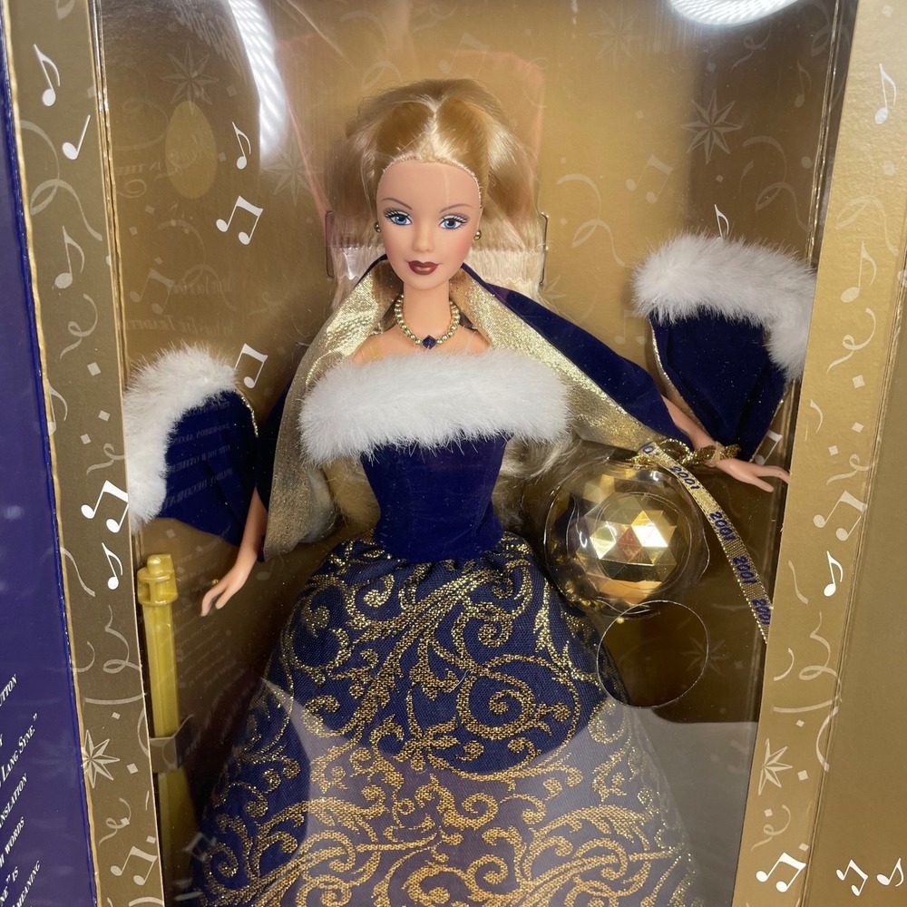 Mattel 2001 Ring In The New Year Barbie Doll Musical Ornament Blue Gold NIB